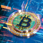 Stylized Bitcoin coin with a gold Bitcoin symbol over blue digital code and circuit-style graphics.