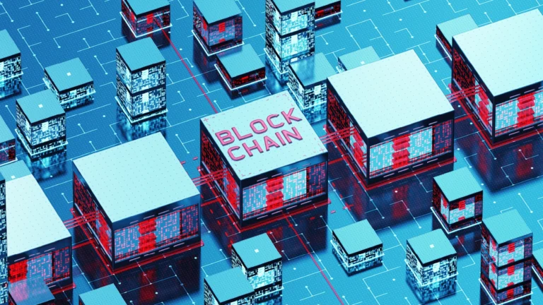 Stylized digital illustration of connected data blocks in a network, with “BLOCK CHAIN” displayed on a central block.