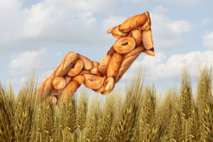 an upward trending arrow made of bread