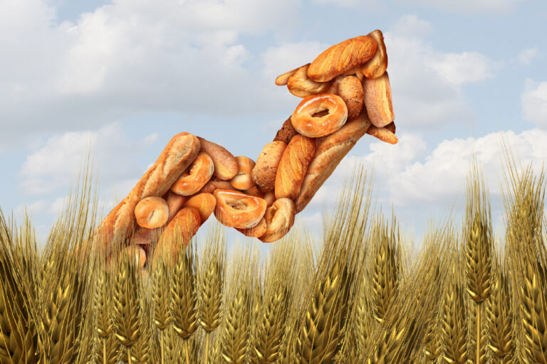 an upward trending arrow made of bread