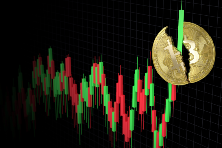 a gold coin broken by a candlestick chart