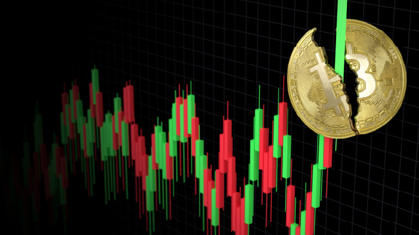 a gold coin broken by a candlestick chart