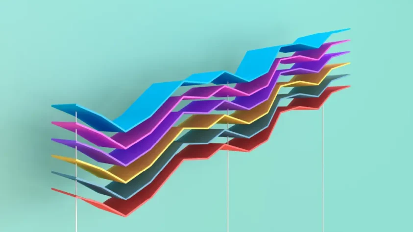 Six layers of identical 3D financial lines on a graph, each a different color