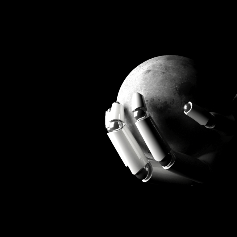 a robotic hand holding the moon in its palm, over a dark black background