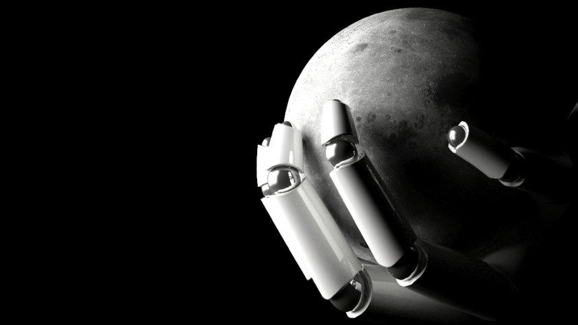 a robotic hand holding the moon in its palm, over a dark black background