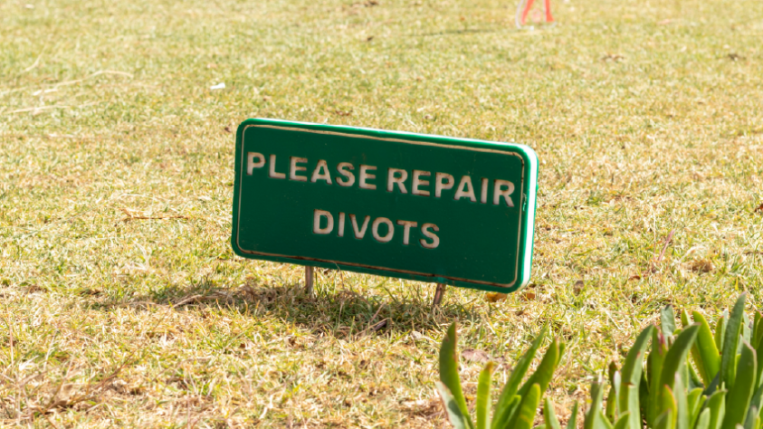 sign saying 'please repair divots'