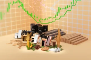 Commodities, such as gold, corn, silver, sugar, grain, etc., in an orange room with a financial chart on the walls