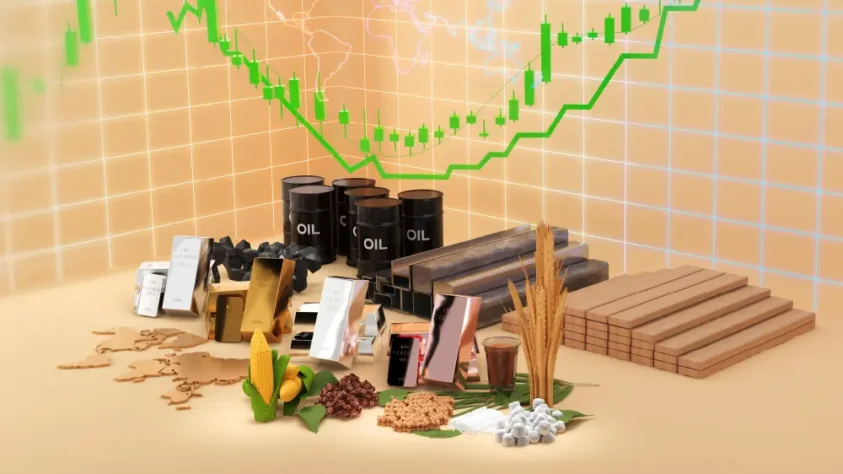 Commodities, such as gold, corn, silver, sugar, grain, etc., in an orange room with a financial chart on the walls