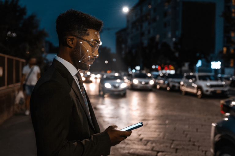 man standing on the sidewalk and looking at his phone as cars go by