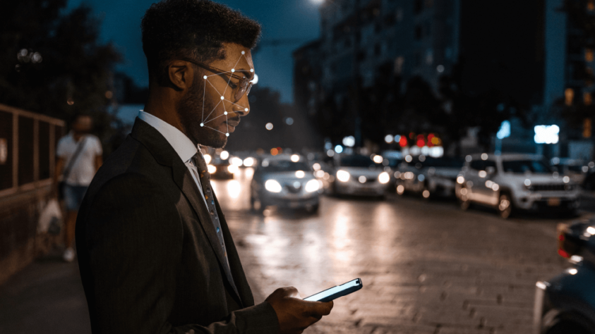 man standing on the sidewalk and looking at his phone as cars go by