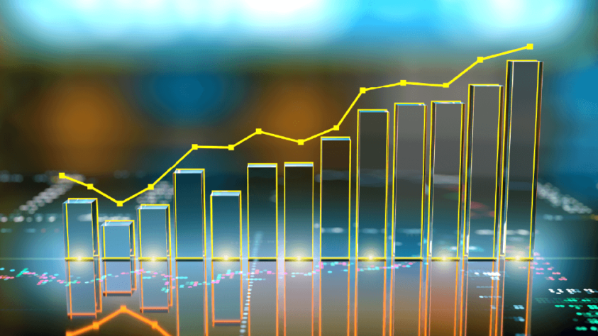 yellow bar and line chart sitting on a table with another stock chart