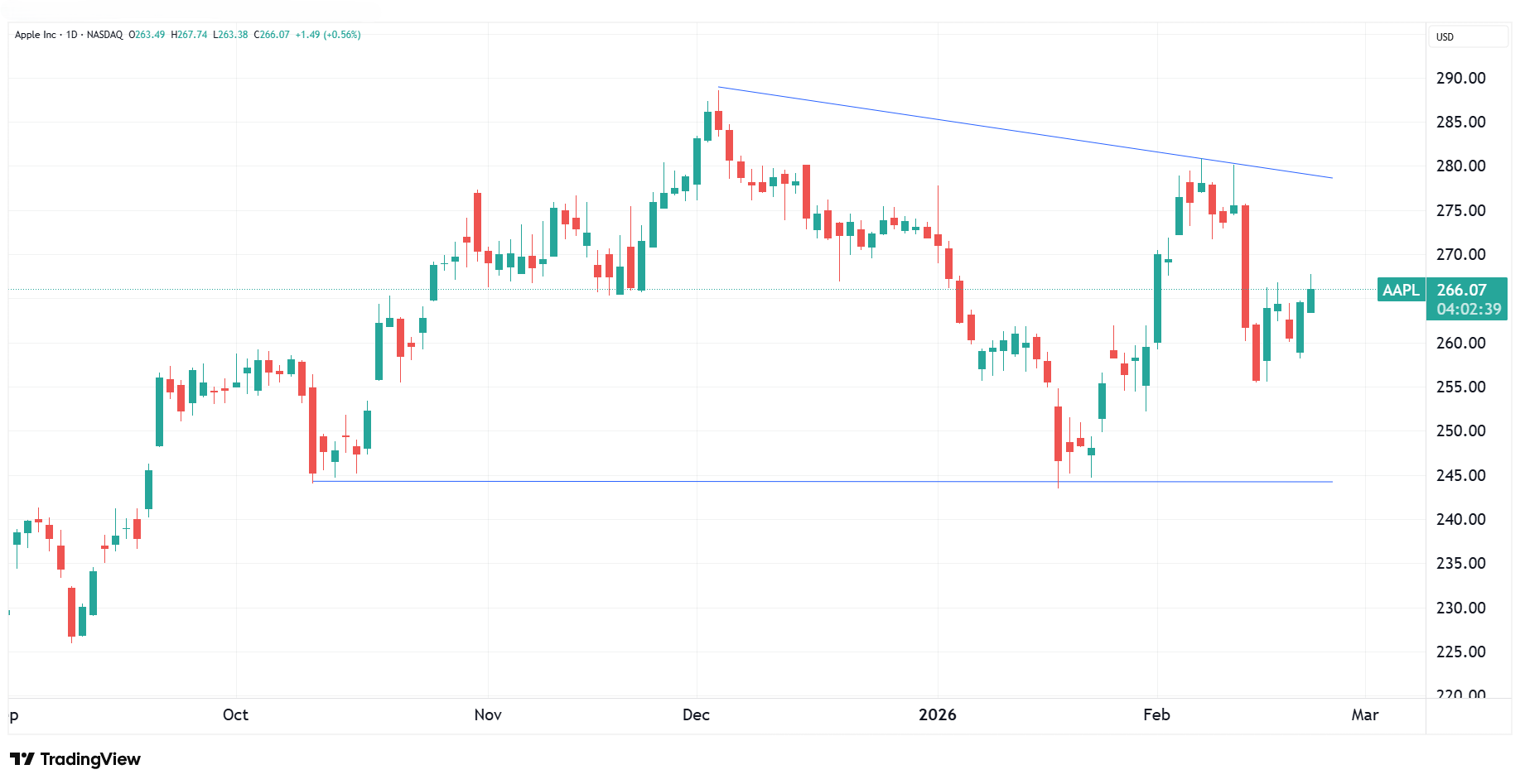 Daily chart of AAPL as of February 12, 2026.