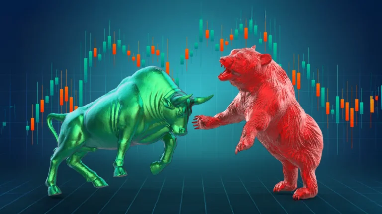 Green bull and red bear on a teal background with financial charts