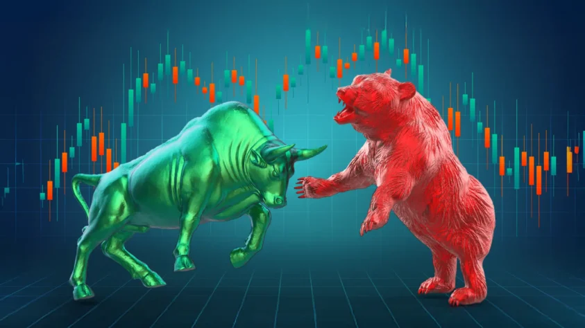 Green bull and red bear on a teal background with financial charts
