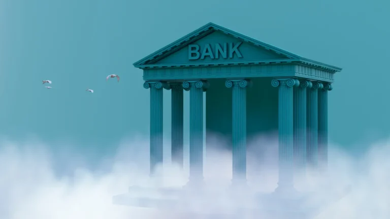 Facade of a bank sitting atop a cloud, on a blueish green background