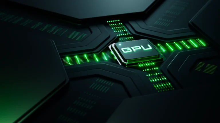 GPU processor with glowing green lights around it