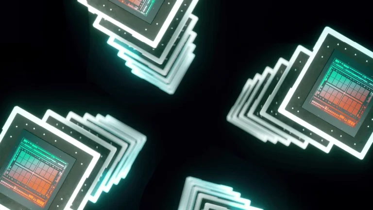 bird's eye view of four stacks of AI chips, on a black background