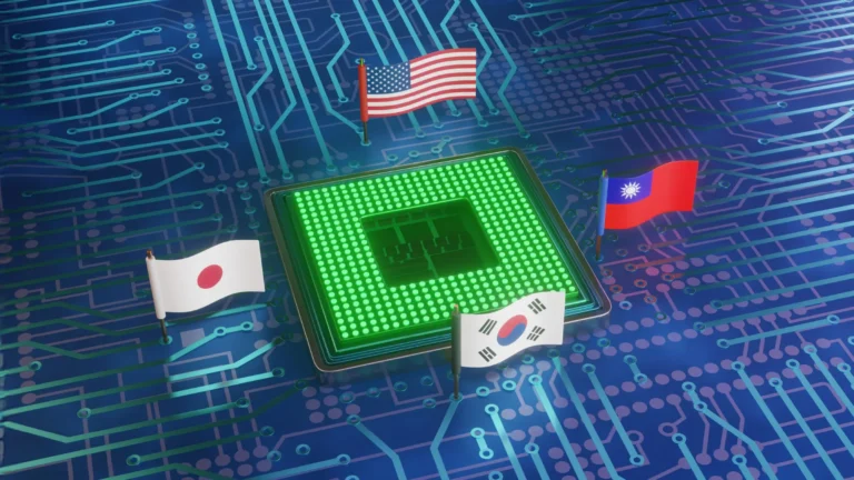 Semiconductor chip surrounded by the flags of USA, Taiwan, Japan, and South Korea