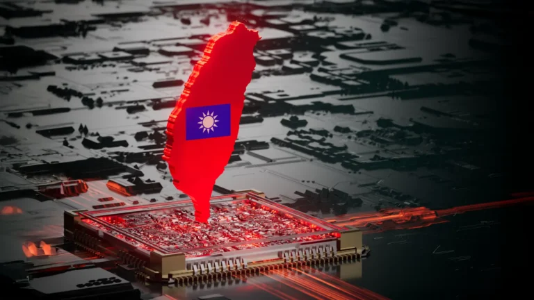 Country outline of Taiwan, filled in with the flag of Taiwan, sitting on an AI chip