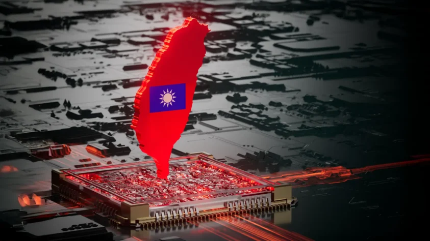 Country outline of Taiwan, filled in with the flag of Taiwan, sitting on an AI chip
