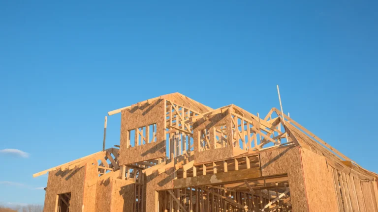 Wooden frame of a house with a clear blue sky in the background