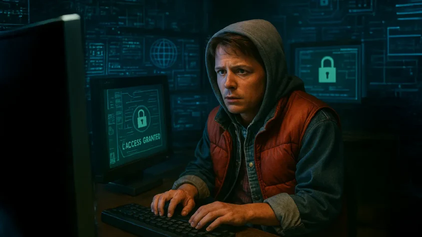 A man in a hoodie sitting in a dark room trying to hack into a locked computer