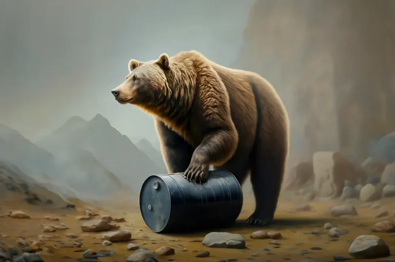 A grizzly bear standing with one paw on a black barrel of oil