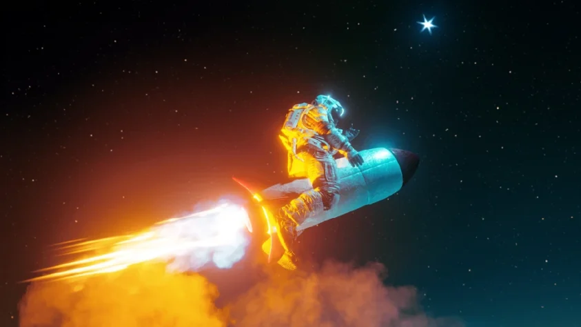 Astronaut riding a rocket through space representing the SpaceX IPO going public on June 12, 2026