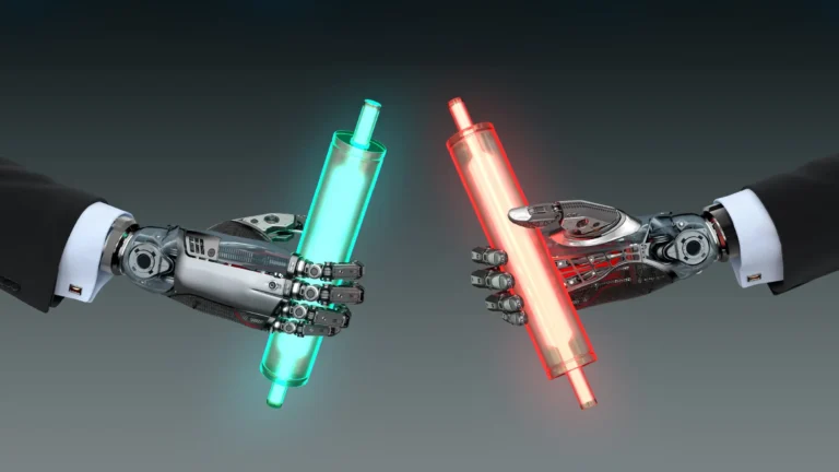 Two robot hands holding glowing rods, one red and one green