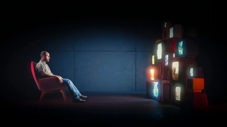 A man sitting in a dark room watching multiple tv screens