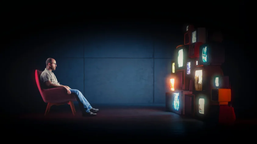 A man sitting in a dark room watching multiple tv screens