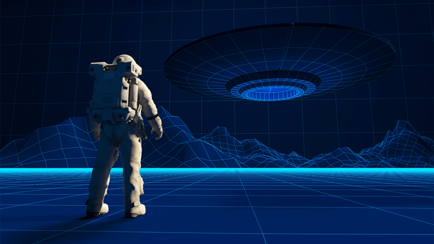 astronaut standing on a flat blue plain, looking out at mountains and a ufo hovering above