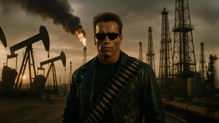 The Terminator walking away from a burning oil field