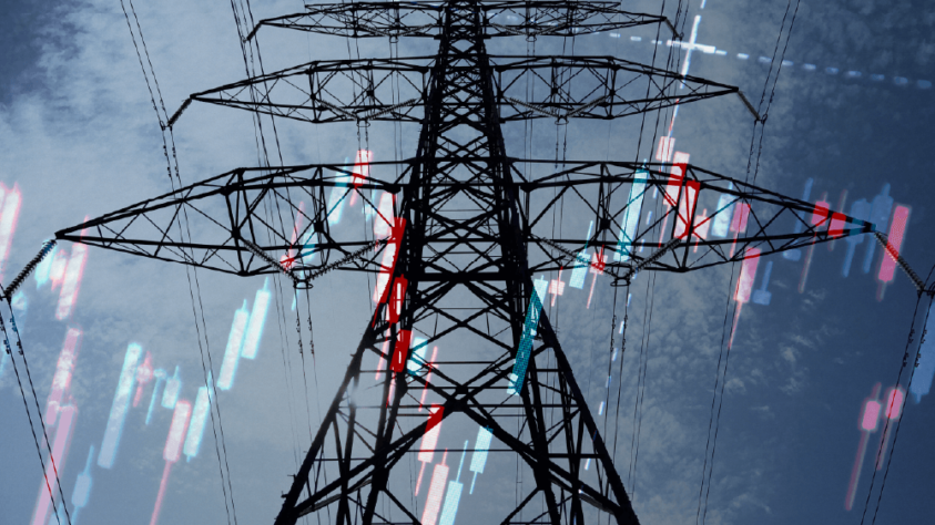 candlestick chart layered over an image of an electricity pylon