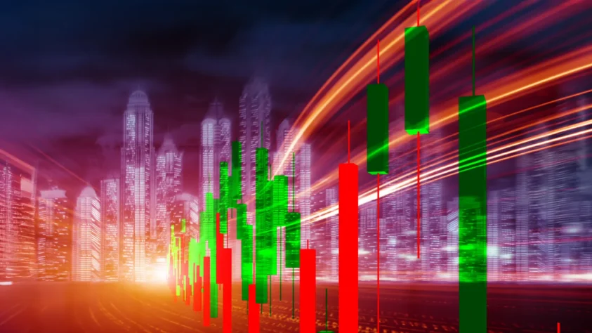 Financial chart flowing along a highway with a city skyline in the distance