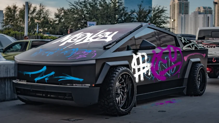 Cybertruck spray painted with graffiti