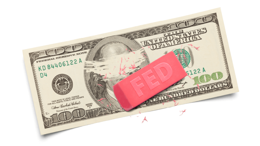 $100 bill with Fed eraser