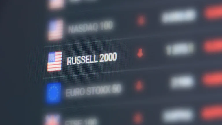 A sign showing various Financial Indices, all blurred out except for the Russell 2000