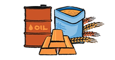 an illustration of oil, wheat and gold bars to represent commodities