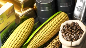 corn, gold , coffee beans and barrels of oil