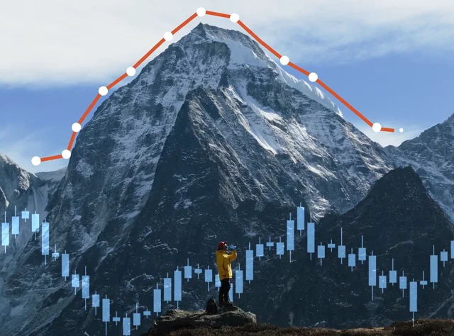 still mixed media shot of a man hiking with stock movement graphics overlaid