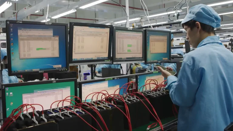 man holding cell phone while programming multiple cell phones in a manufacturing facility