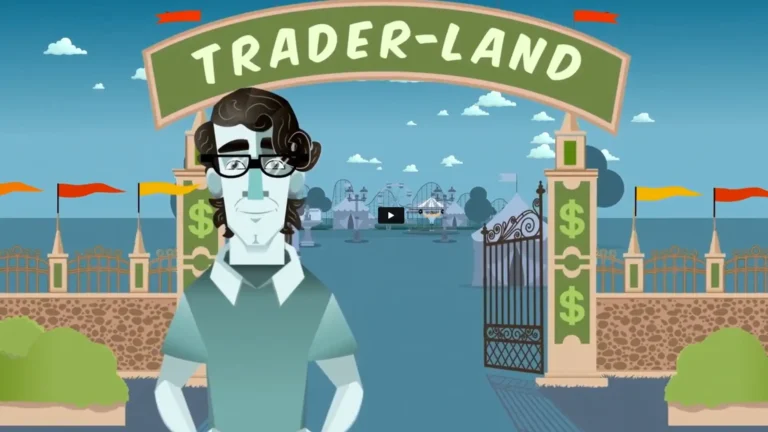 cartoon man standing in front of 'Trader-Land' amusement park
