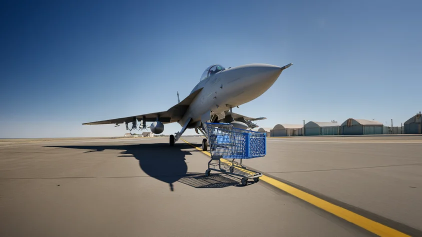 A shopping car below a fighter aircraft