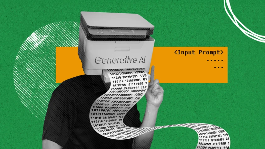 Person with a printer labeled 'generative AI' with paper coming out of the mouth