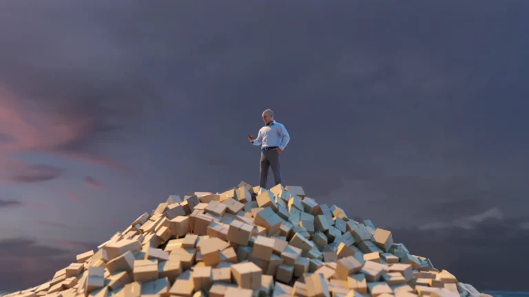 Man checking phone on top a mountain of shipping packages