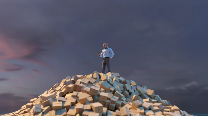 Man checking phone on top a mountain of shipping packages