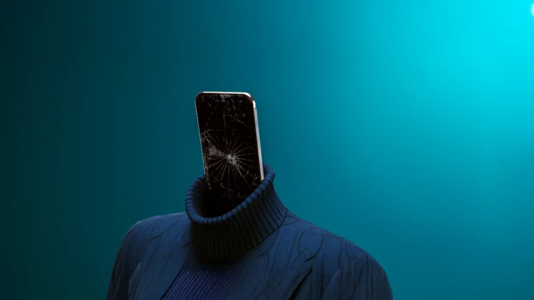 A broken Apple iPhone as the head of a sweatered individual