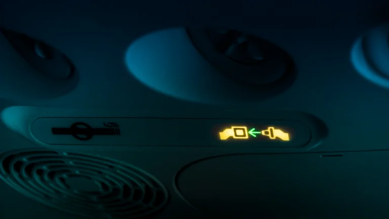 Image of the fasten seatbelt sign inside a plane.