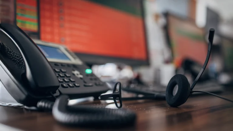 work desk with a phone and headset
